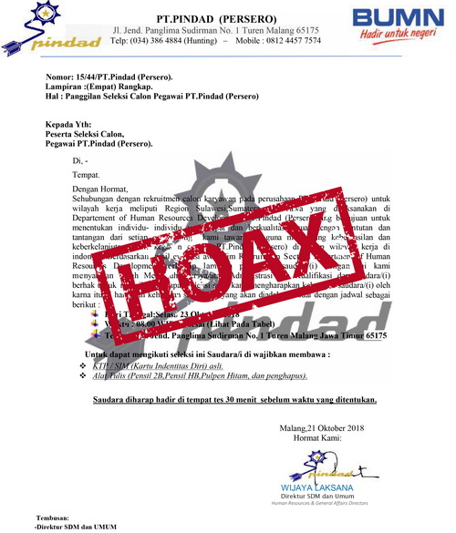 Beware of Recruitment Fraud in the name of Pindad